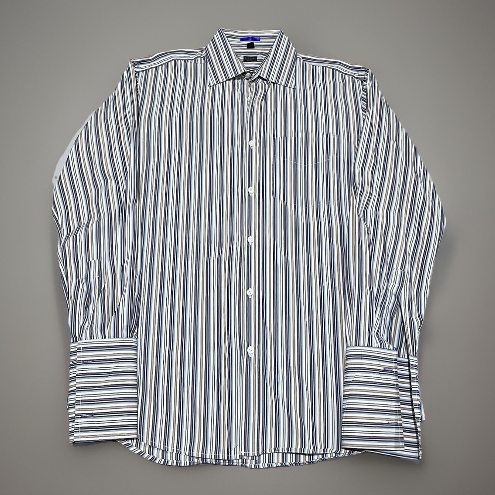 Paul Smith London Mens Blue Brown White Striped Cuff Sleeve Dress Shirt 41 16